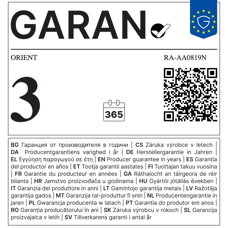 EU GARAN label - ORIENT RA-AA0819N - 3 year producer guarantee of durability